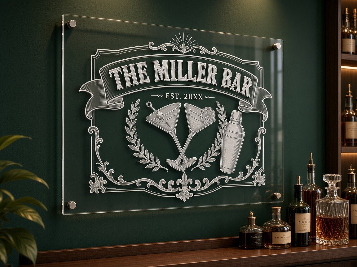 Clear acrylic home bar sign engraved with The Miller Bar and cocktails