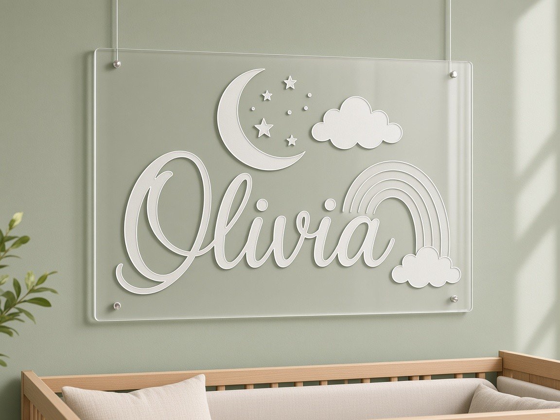 Frosted acrylic nursery sign engraved with the name Olivia and a rainbow