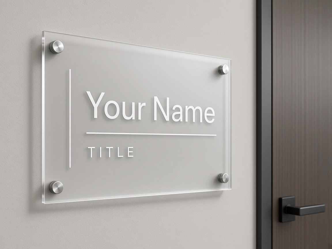 Frosted acrylic office door sign engraved with Your Name and Title