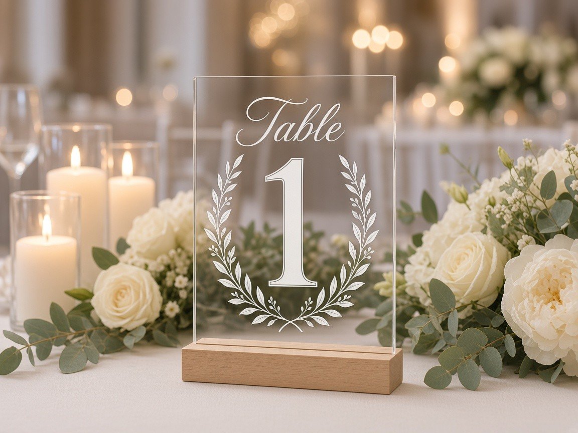 Clear acrylic table number 1 in a wooden stand with a laurel wreath