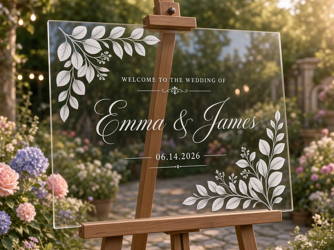 Clear acrylic wedding welcome sign for Emma and James on an easel
