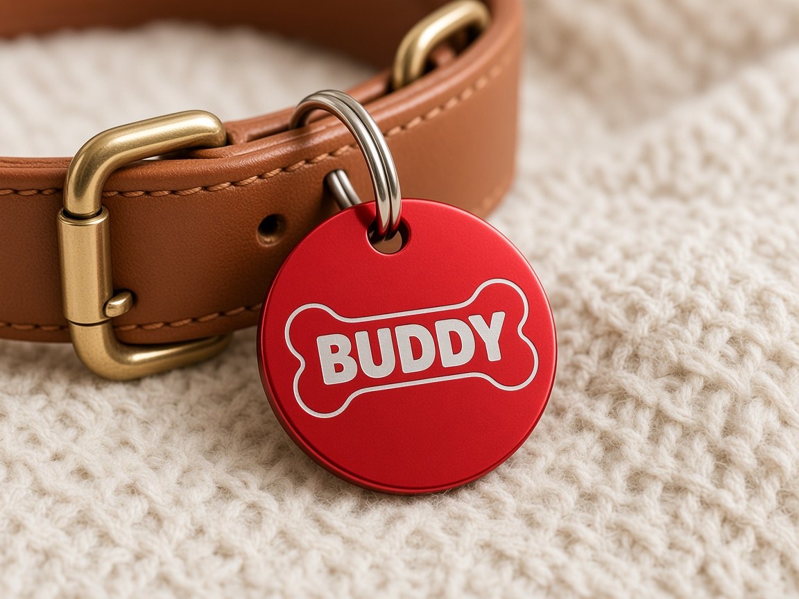Red aluminum pet tag engraved with a bone outline and the name Buddy
