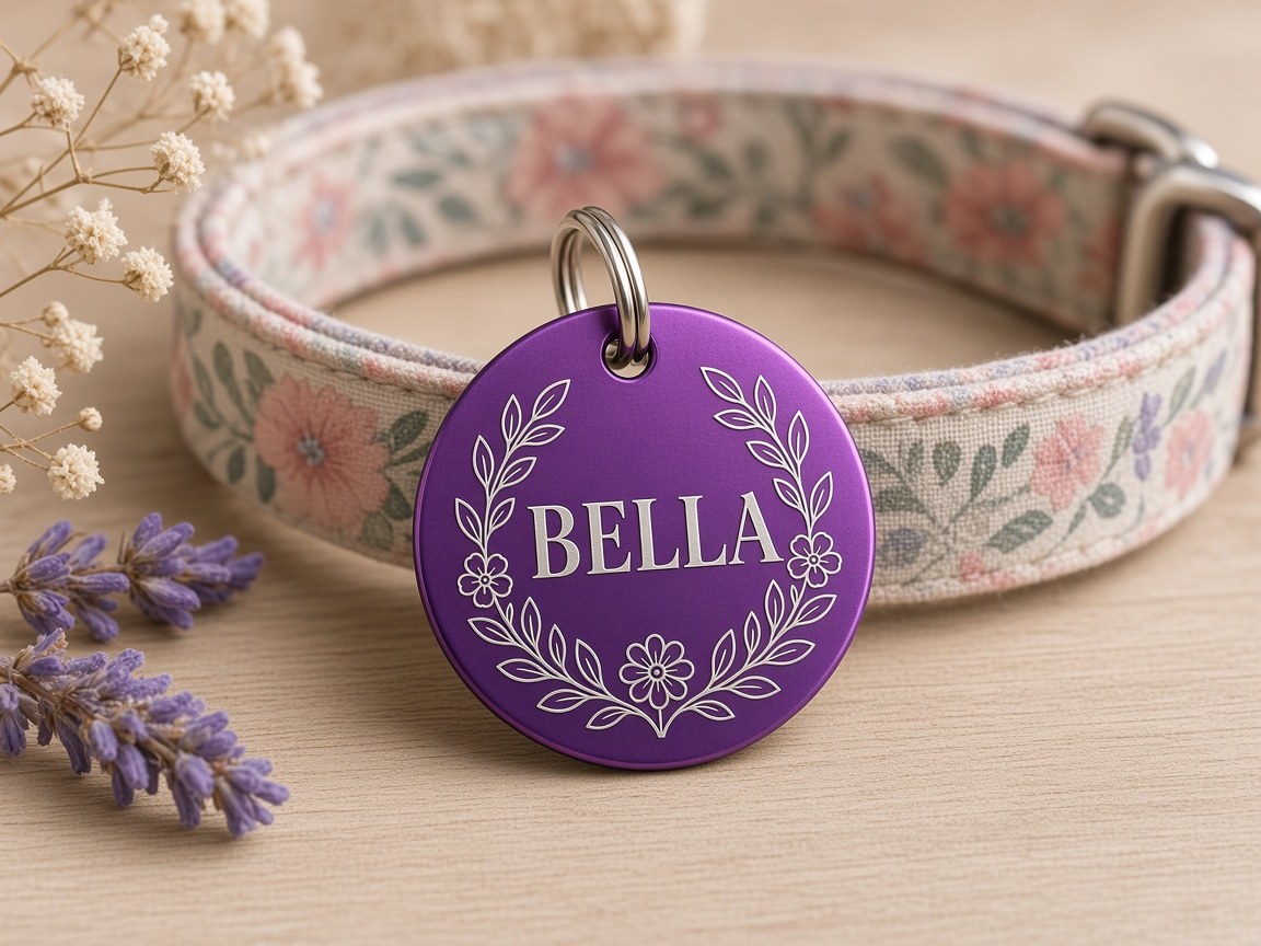 Purple aluminum pet tag engraved with a floral wreath and the name Bella