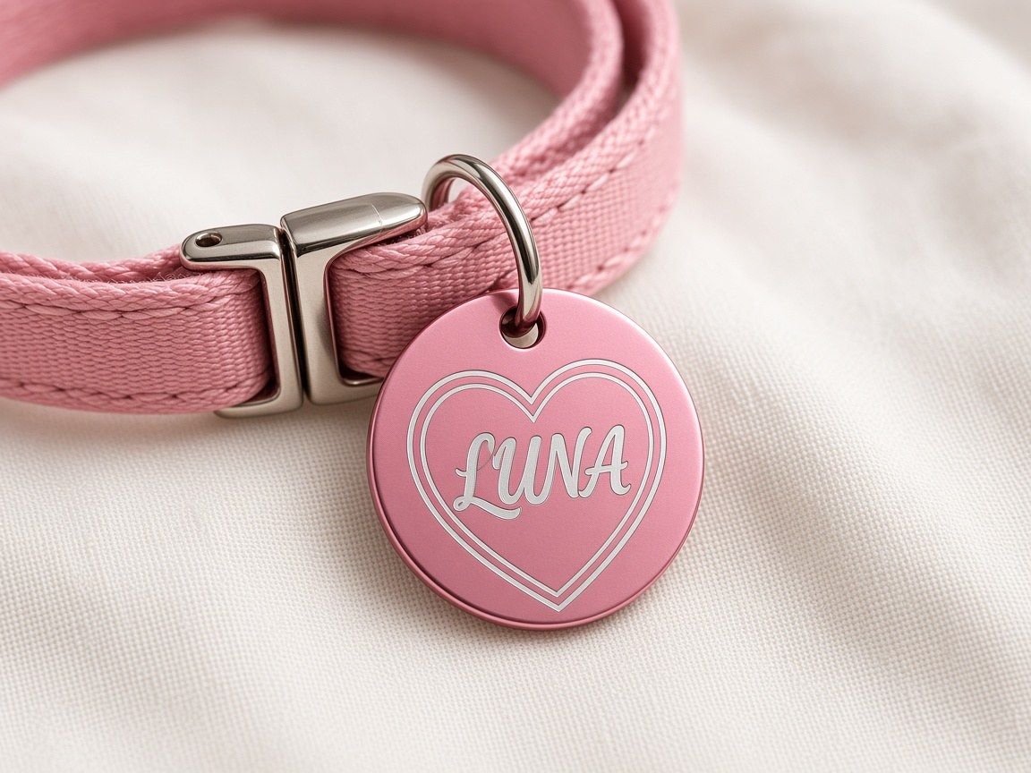 Pink aluminum pet tag engraved with a heart and the name Luna in script