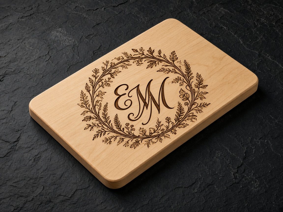 Maple cutting board engraved with a monogram wreath