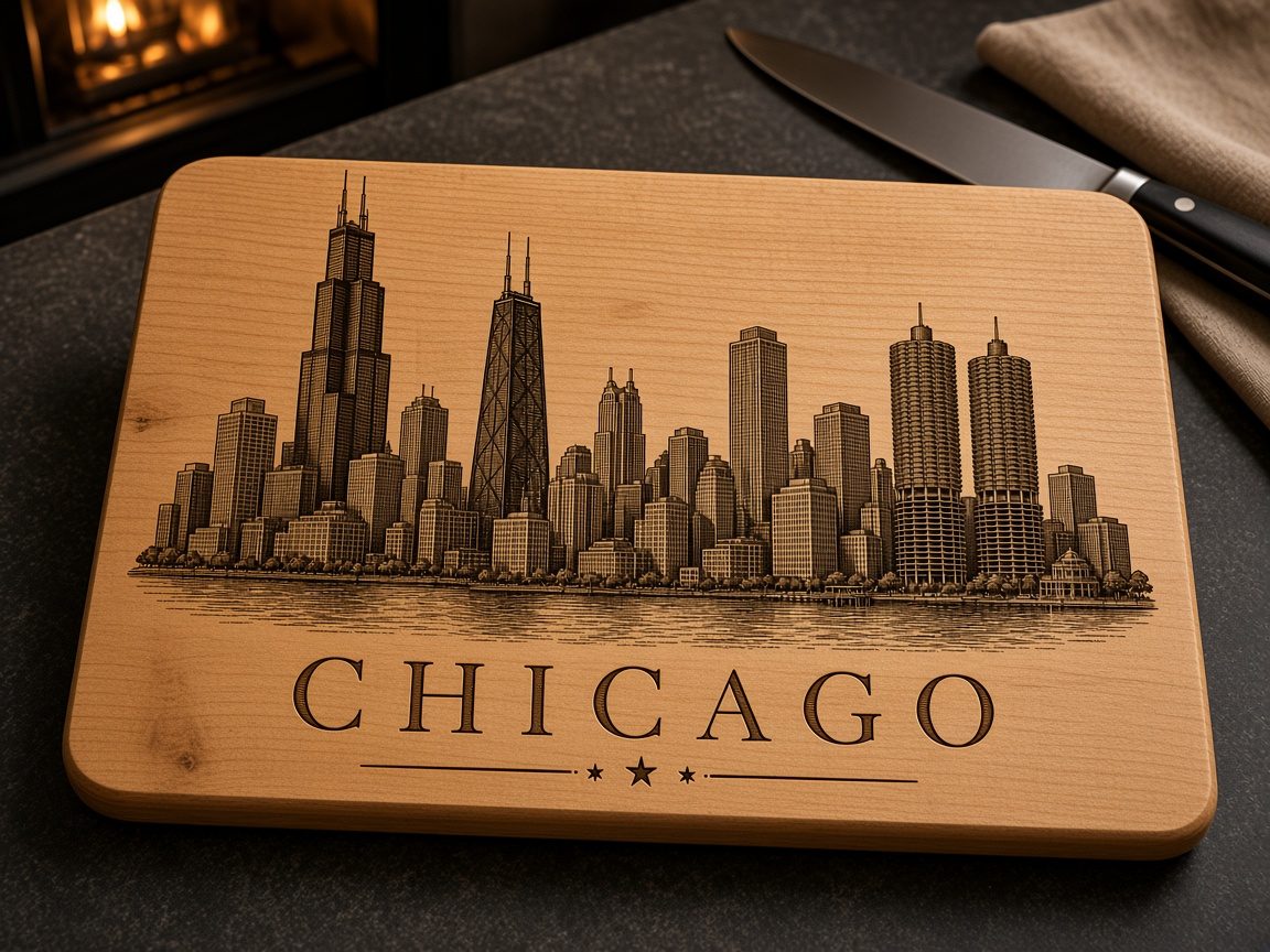 Maple cutting board engraved with a detailed Chicago skyline and the word Chicago