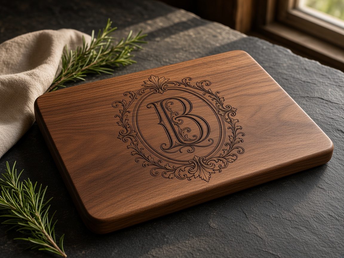 Walnut cutting board engraved with an ornate initial B in an oval filigree frame