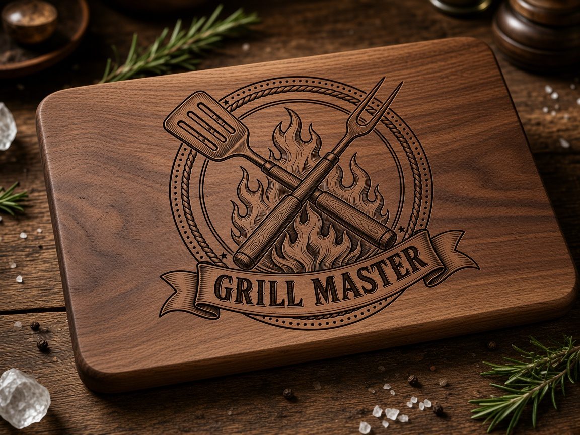 Walnut cutting board engraved with a vintage crossed BBQ tools and flames emblem reading Grill Master