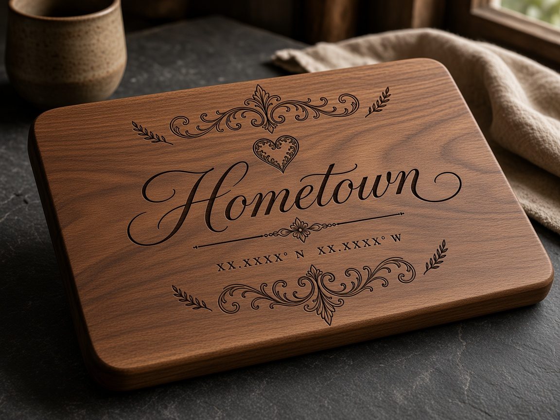 Walnut cutting board engraved with a script city name, coordinates, a filigree heart and scrollwork
