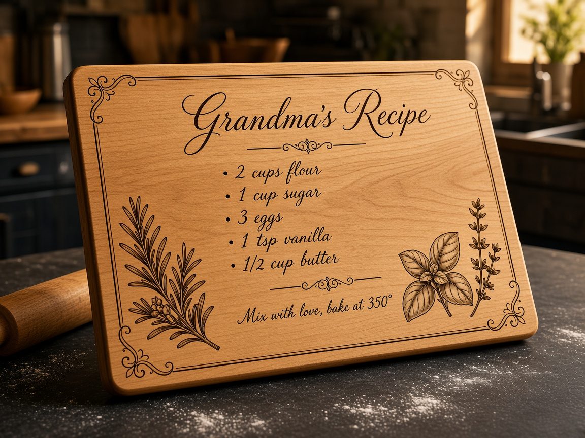 Maple cutting board engraved with a vintage Grandma’s Recipe card and herb illustrations