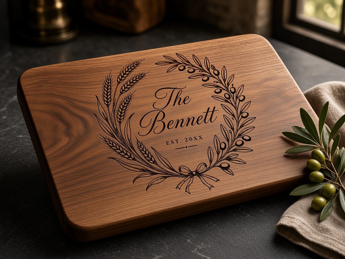 Walnut cutting board engraved with a wheat and olive wreath around a family name