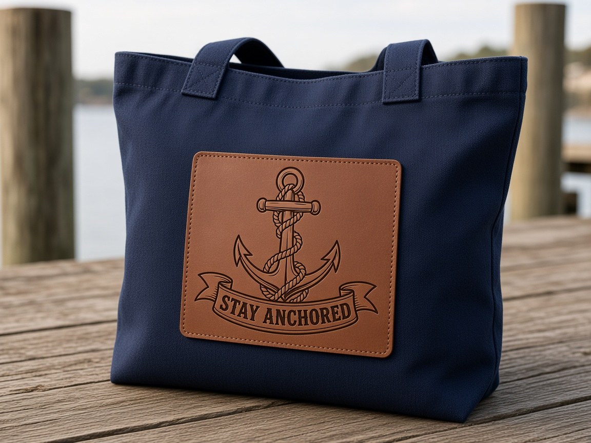 Brown leather patch on a navy tote engraved with a rope anchor and Stay Anchored banner