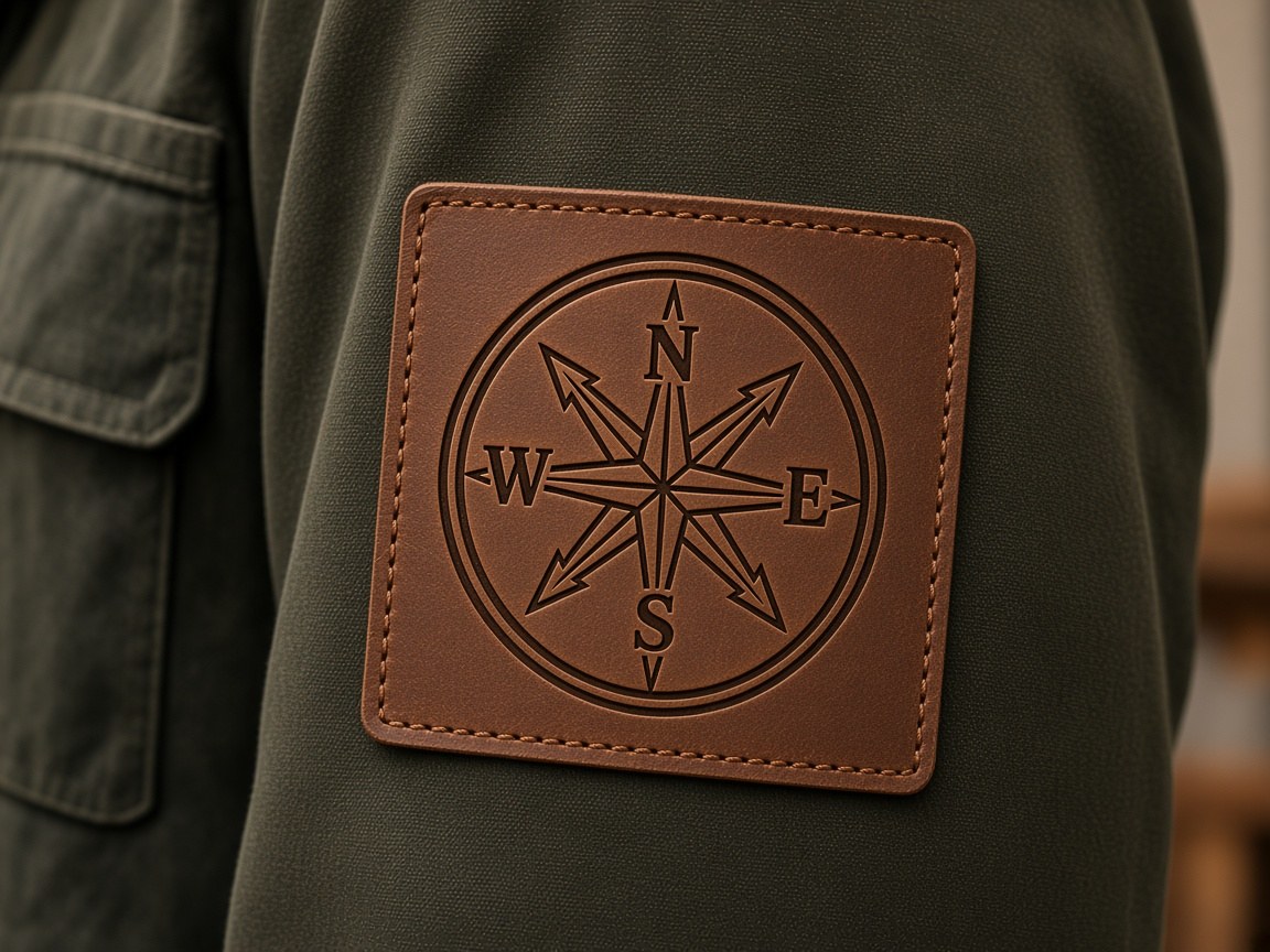 Brown leather patch on a jacket sleeve engraved with a compass rose