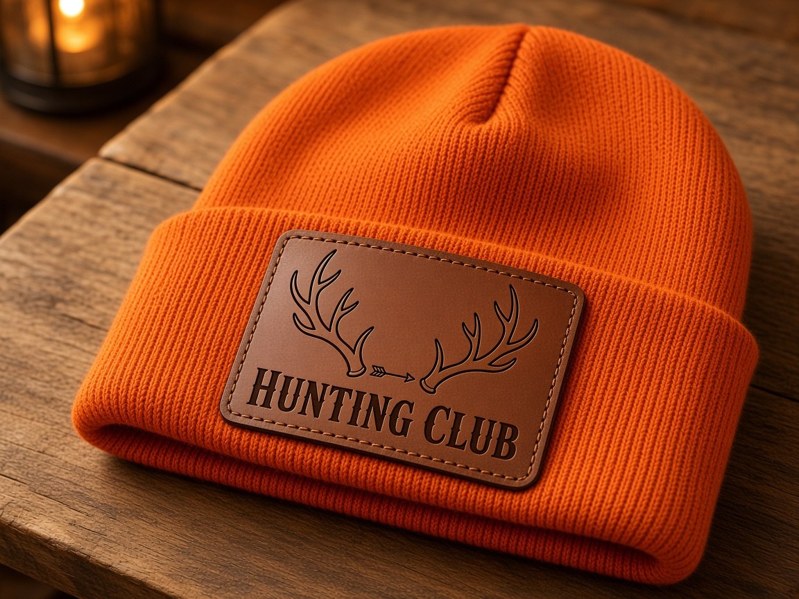 Brown leather patch on an orange beanie engraved with deer antlers and Hunting Club