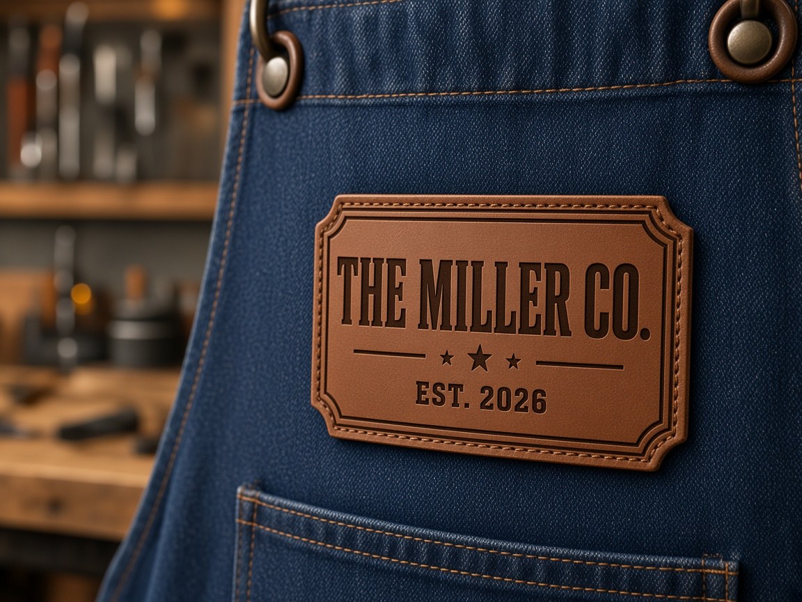 Brown leather patch on a denim apron engraved with The Miller Co. Est. 2026