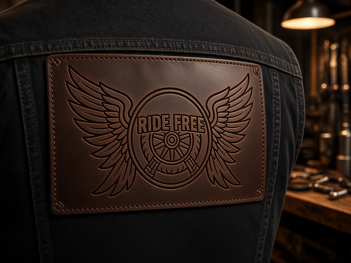 Dark brown leather patch on a denim vest engraved with motorcycle wings and Ride Free