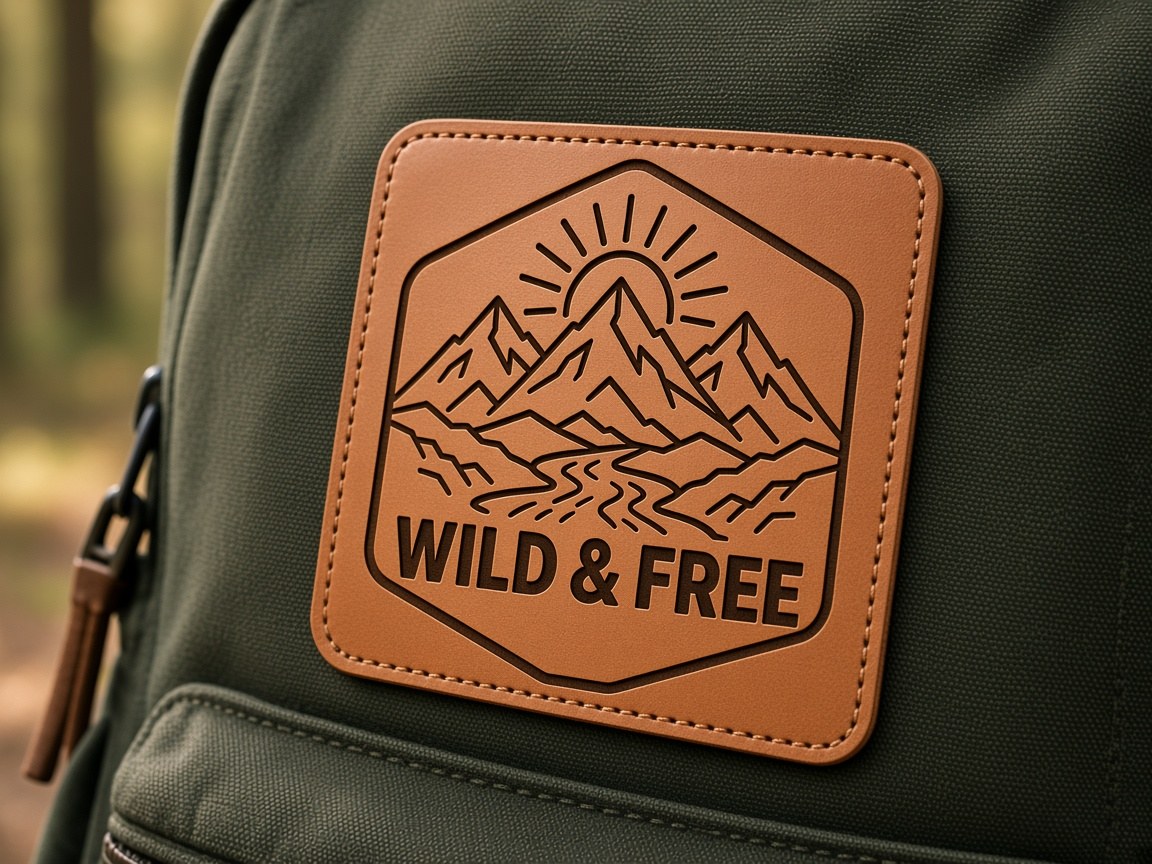 Tan leather patch on a backpack engraved with a mountain emblem reading Wild and Free