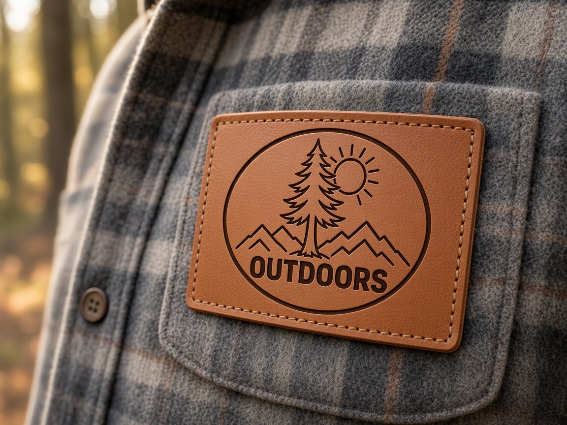 Tan leather patch on a flannel pocket engraved with a pine tree, sun and Outdoors