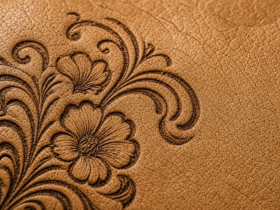 Close-up of a floral pattern engraved into leather