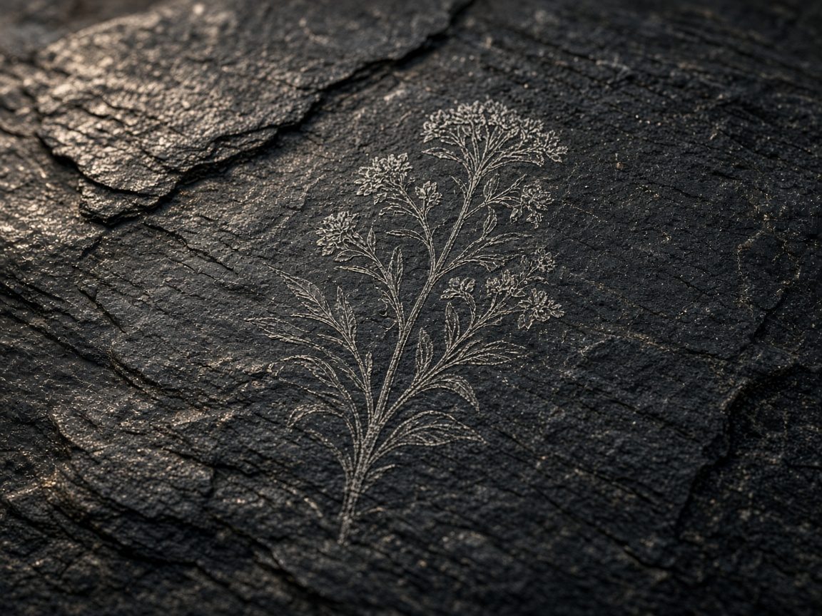 Close-up of fine line art engraved into slate