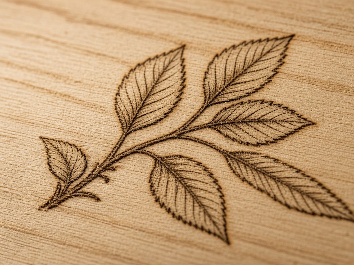 Close-up of a leaf design engraved into light wood