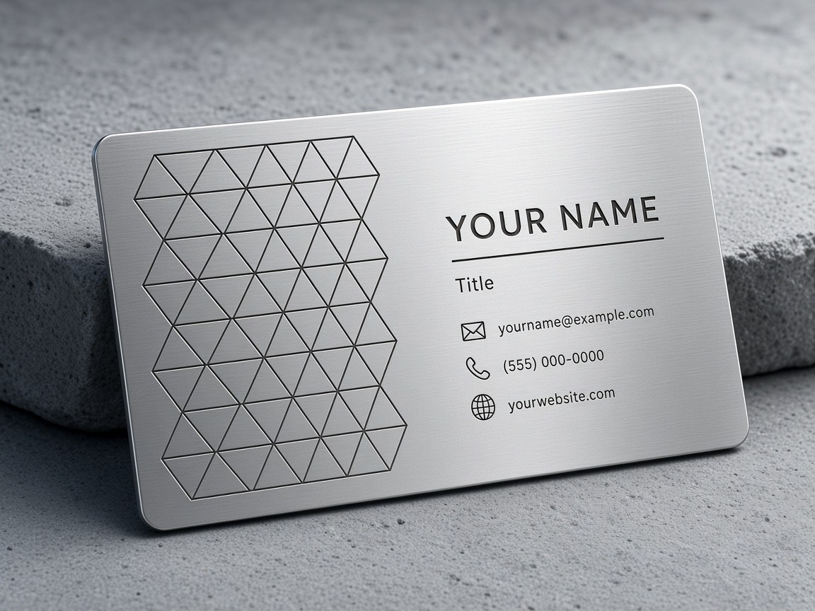 Stainless steel business card engraved with a geometric triangle pattern and name layout
