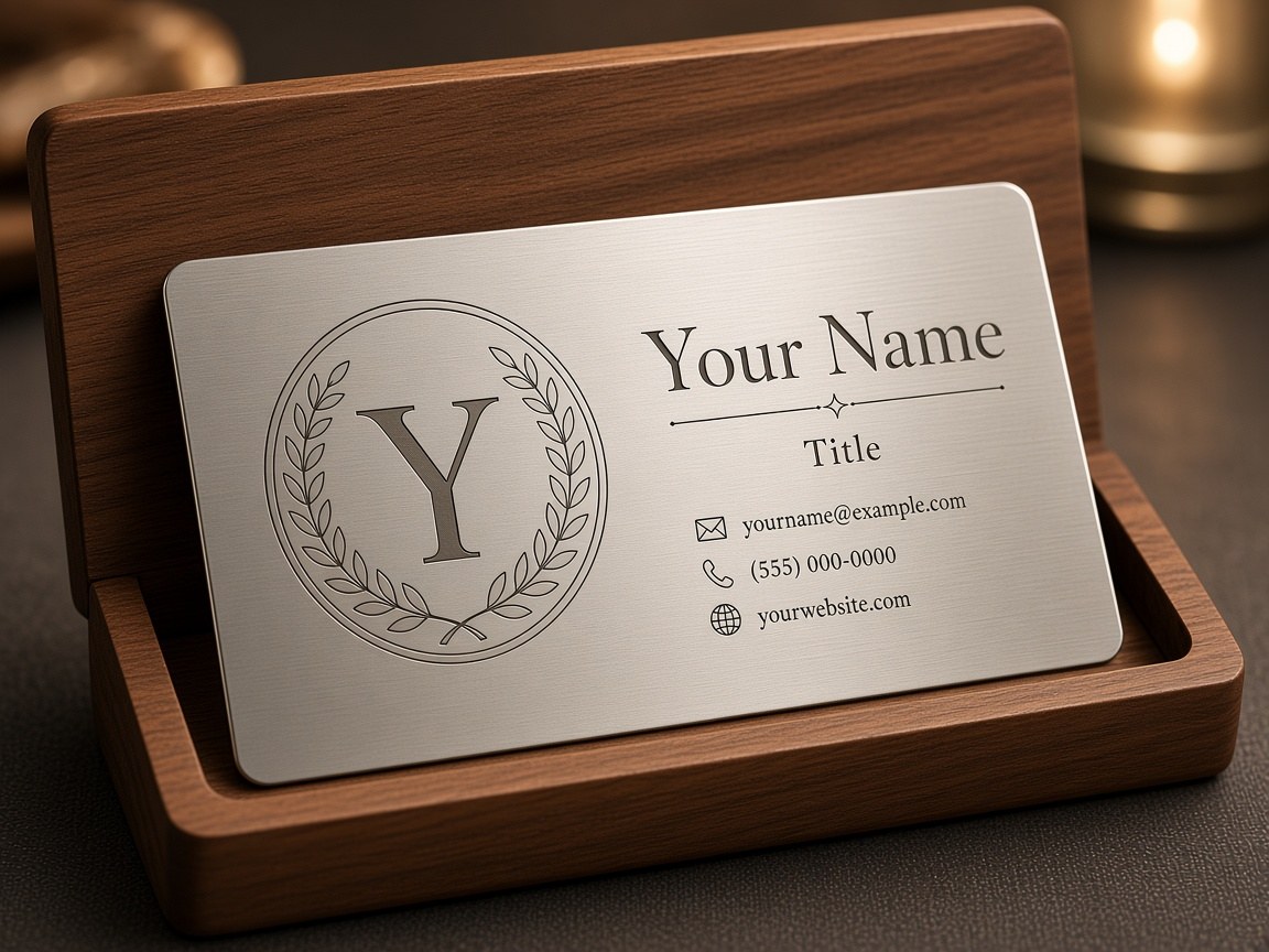 Stainless steel business card engraved with a laurel monogram and a serif name layout