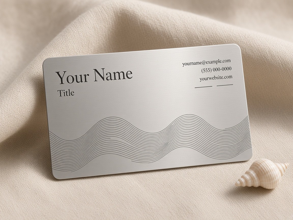 Stainless steel business card engraved with flowing wave lines and a serif name layout
