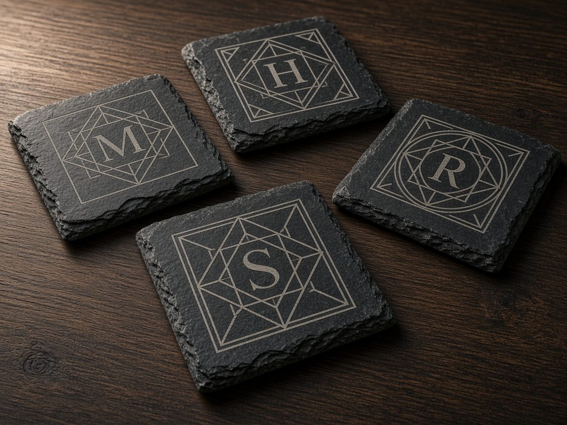 Set of four slate coasters with engraved geometric monograms