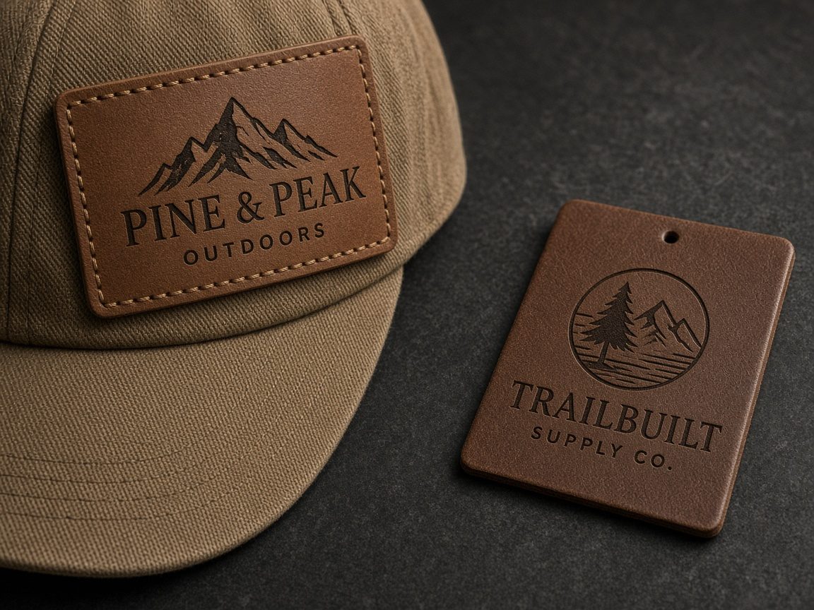 Brown leather patches with engraved logos, one stitched on a hat