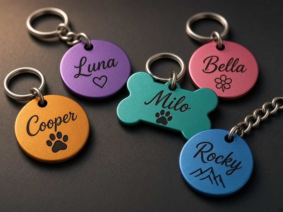 Colorful anodized aluminum pet tags and keychain tags engraved with names
