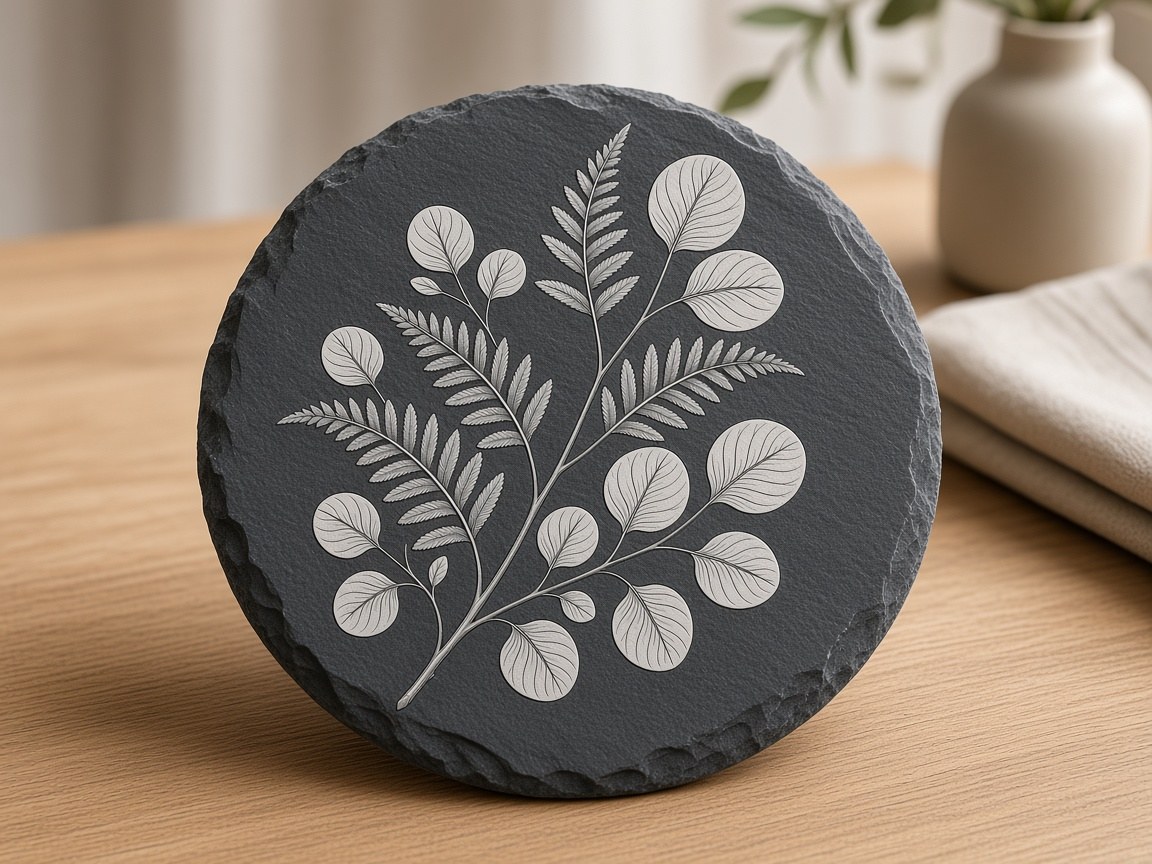 Round slate coaster engraved with a fern and eucalyptus branch