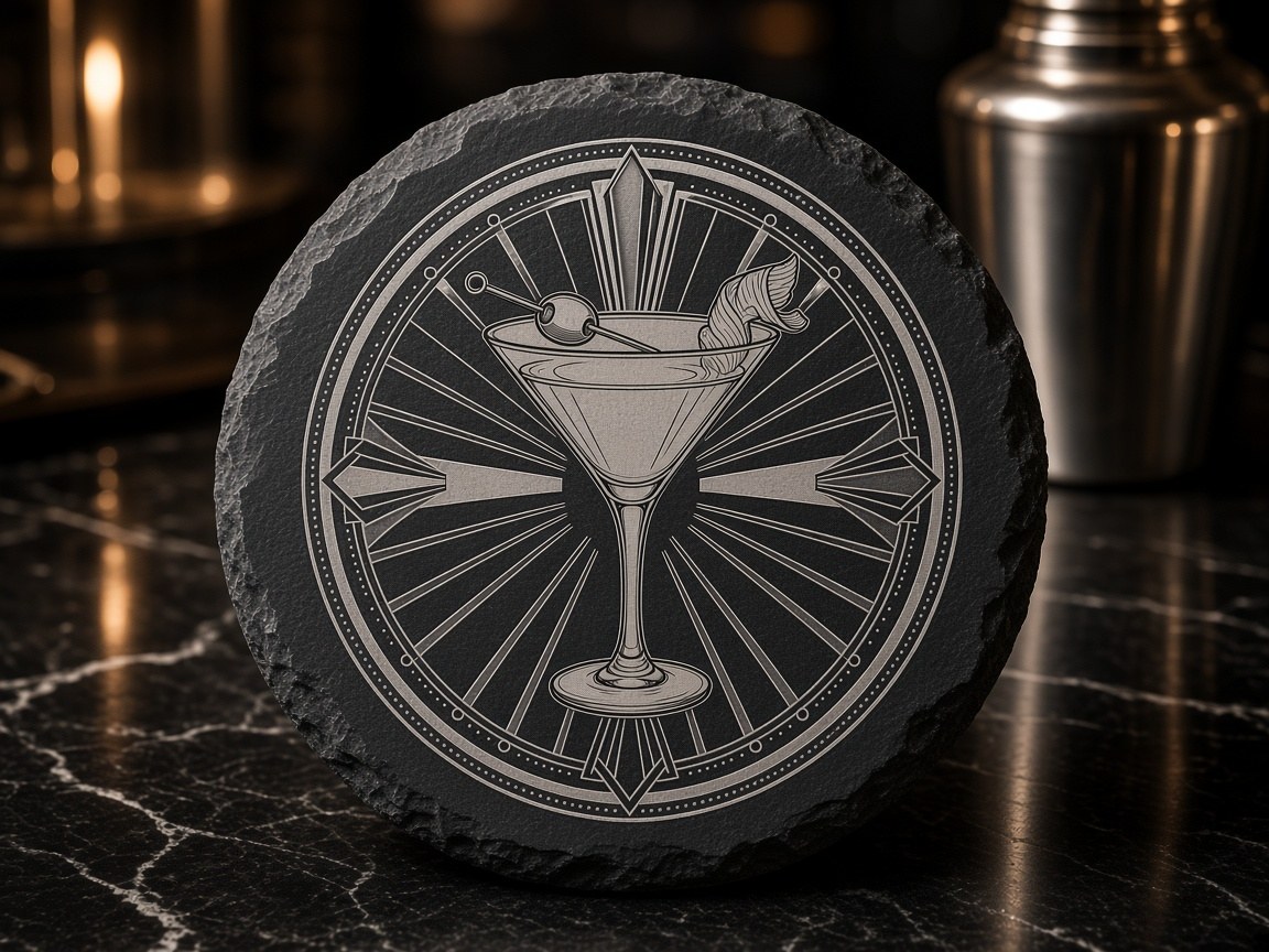 Round slate coaster engraved with an art deco martini glass and sunburst
