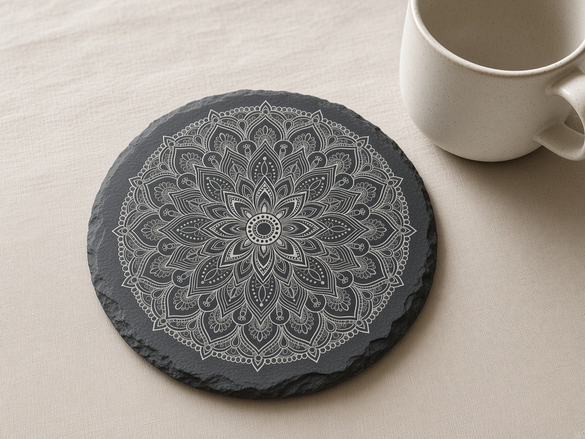 Round slate coaster engraved with a detailed mandala
