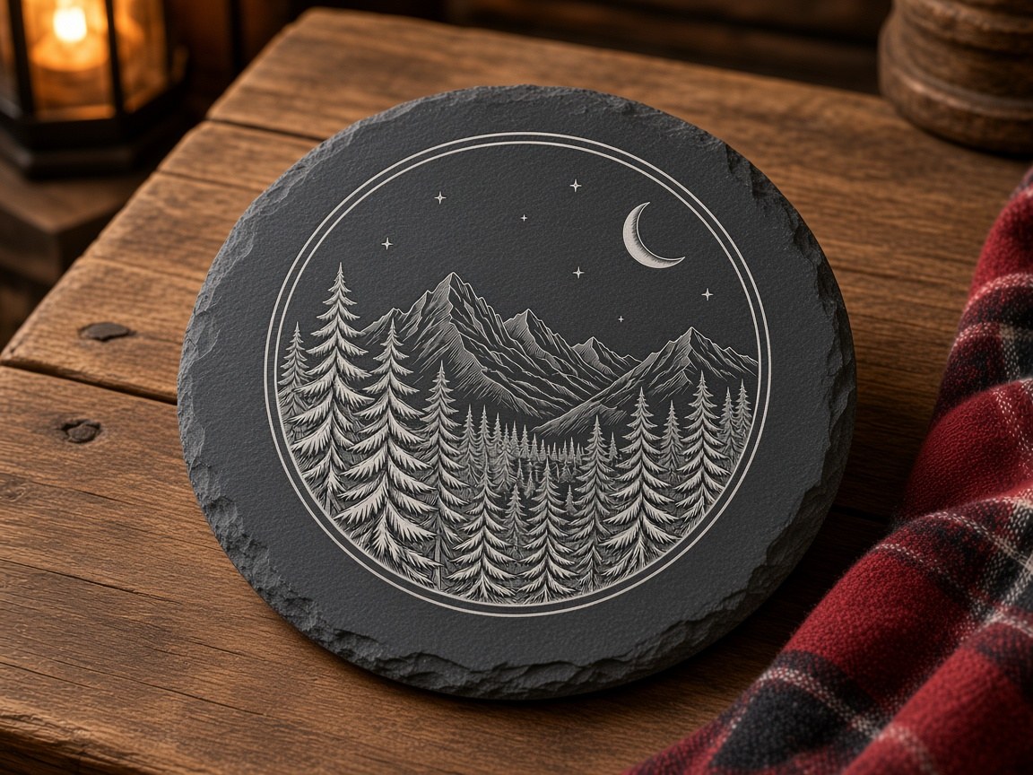 Round slate coaster engraved with a pine forest, mountains and a crescent moon