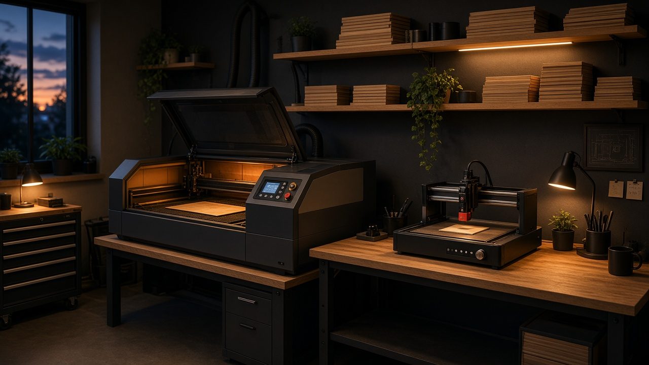 Laser engraving studio with finished pieces on workbenches