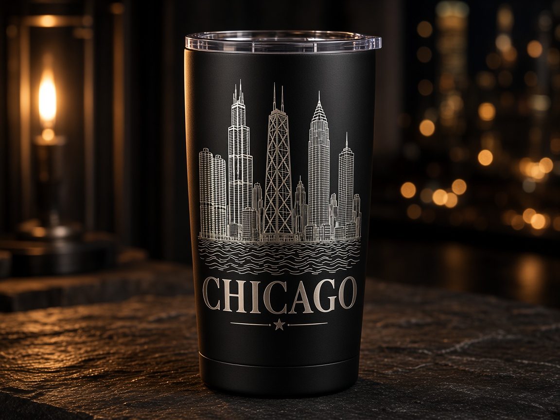 Matte black tumbler engraved in silver with an outline Chicago skyline and the word Chicago