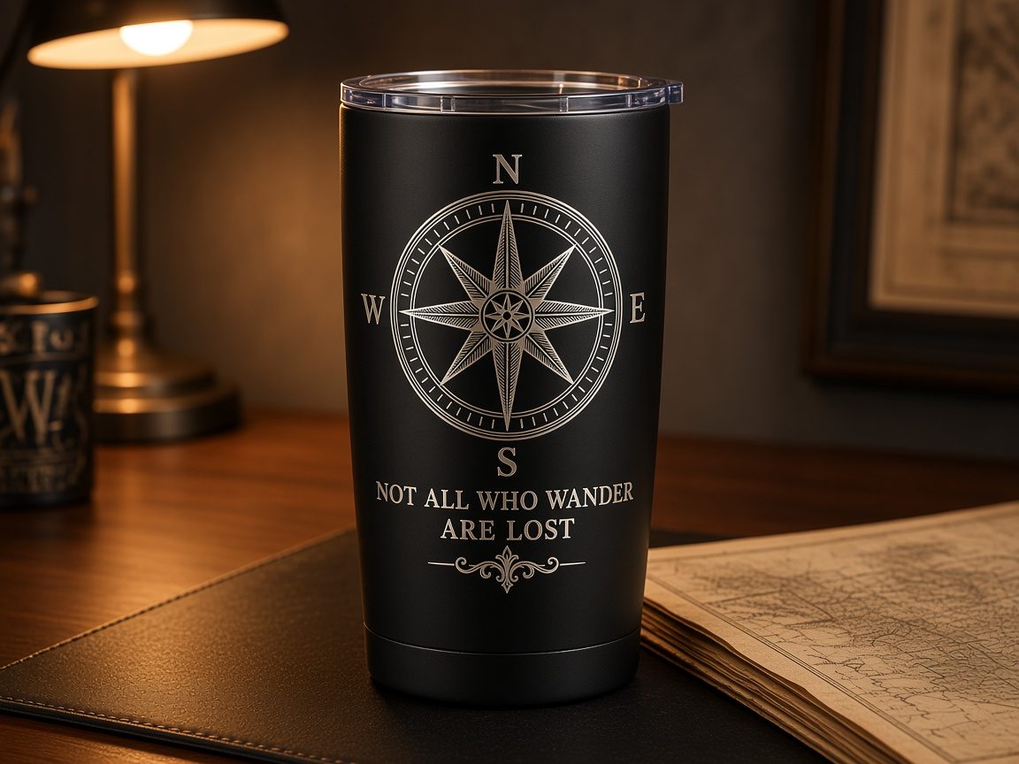 Matte black powder-coated tumbler engraved in silver with a compass rose and Not All Who Wander Are Lost