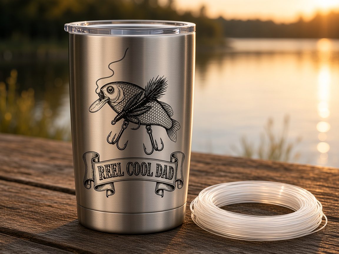 Stainless steel tumbler engraved with a vintage fishing lure and a Reel Cool Dad banner