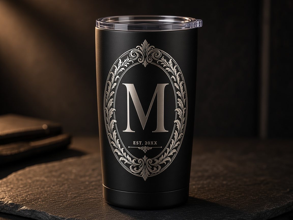 Matte black tumbler engraved in silver with a serif initial M in an oval filigree frame
