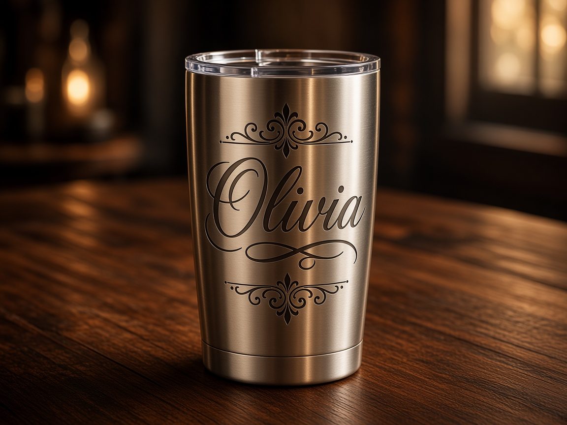Stainless steel tumbler engraved with the name Olivia in script between filigree ornaments