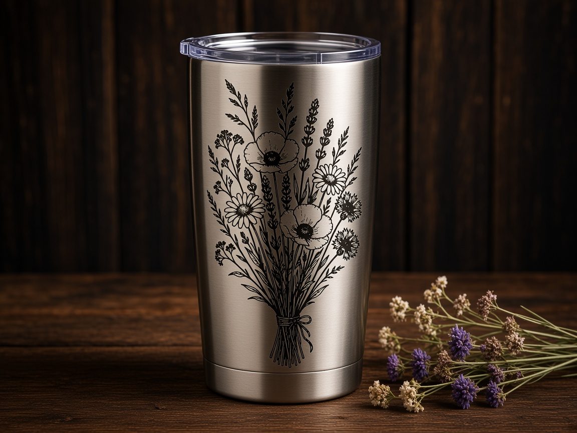 Stainless steel tumbler engraved with a botanical wildflower bouquet